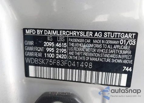 2003 Mercedes-Benz Sl 500 500R from USA, damaged, VIN WDBSK75F83F041498